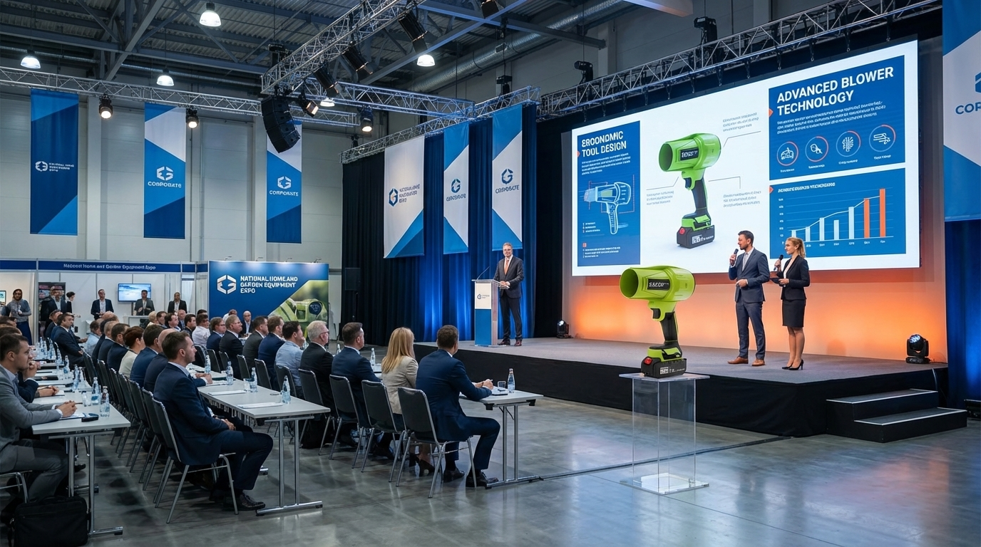 Senior man using cordless leaf blower in backyard